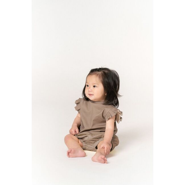 Baby Jersey Top with Knife Pleated Sleeve Ruffle, Mocha - Shirts - 2