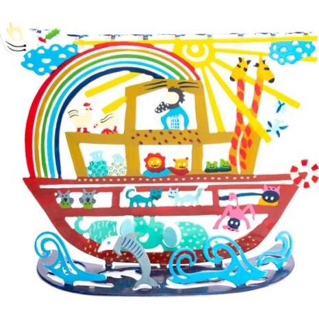 Laser Cut Hand-Painted Menorah, Noah's Ark - Menorahs & Candles - 1