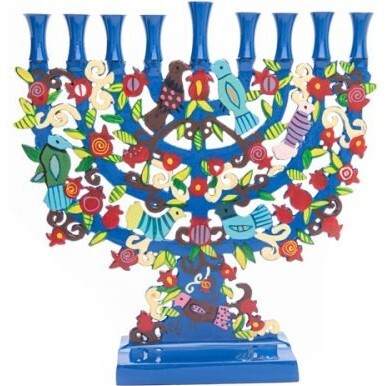 Pomegranate + Birds Menorah, Blue - Menorahs & Candles - 1