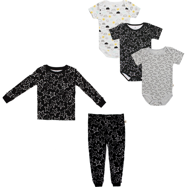 Pajamas + Bodysuit Bundle, Black White & Grey - Pajamas - 1
