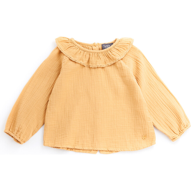 Ruffle Neck Blouse, Mustard - Blouses - 1