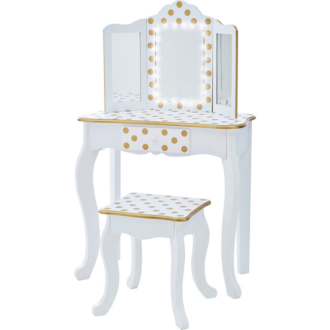 Fashion Polka Dot Prints Gisele Play Vanity Set with LED Mirror Light - White / Gold