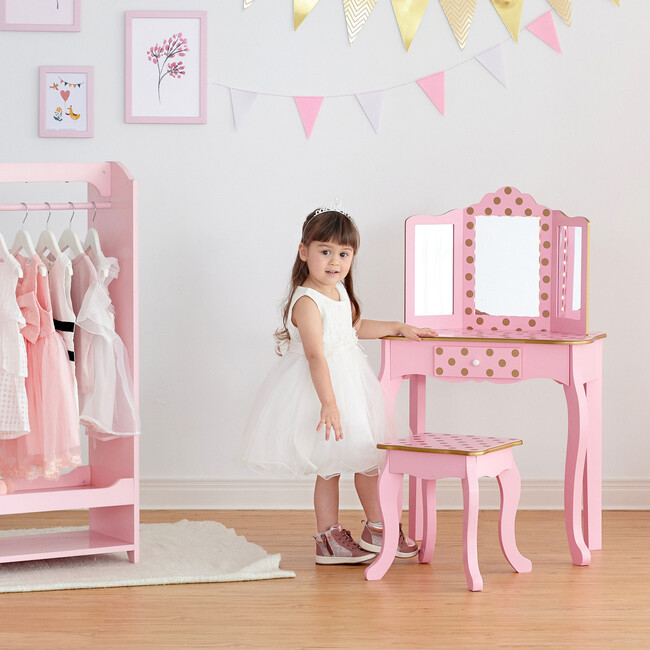 Fashion Polka Dot Prints Gisele Play Vanity Set with LED Mirror Light - Pink / Rose Gold