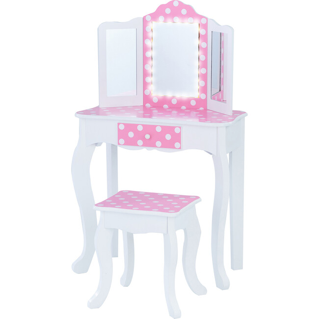 Fashion Polka Dot Prints Gisele Play Vanity Set with LED Mirror Light - Pink / White