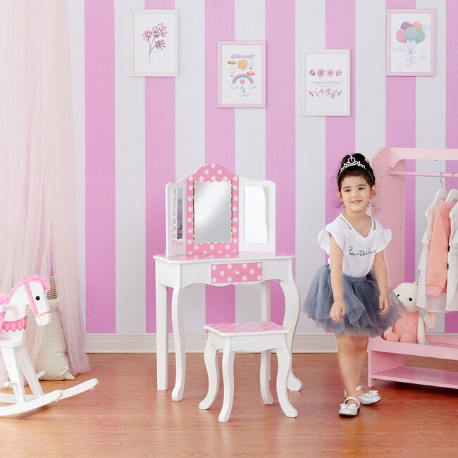 Fashion Polka Dot Prints Gisele Play Vanity Set with LED Mirror Light - Pink / White