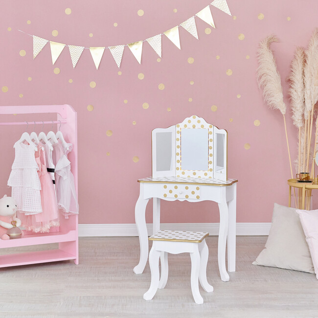 Fashion Polka Dot Prints Gisele Play Vanity Set with LED Mirror Light - White / Gold - Kids Seating - 3
