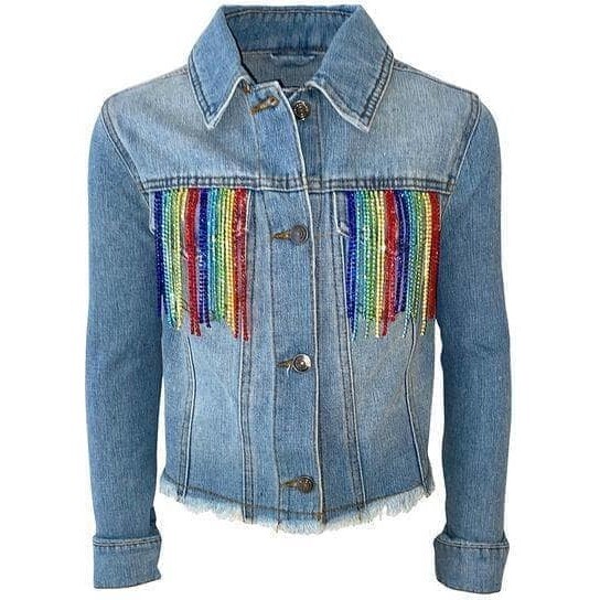 Crystal Rainbow Tassel Denim Jacket, Blue