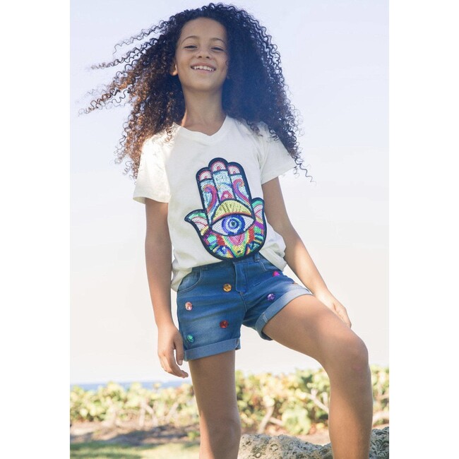Sequin Hamsa T-Shirt, White - Tees - 2