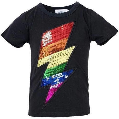 Rainbow Lightning Bolt Sequin T-Shirt, Black - Tees - 1