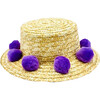 Straw Boater Pom Pom Hat, Purple - Hats - 1 - thumbnail