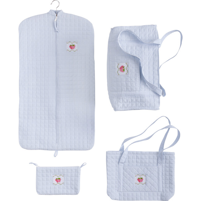 Strawberry Quilted Luggage Set, Blue - Luggage - 1