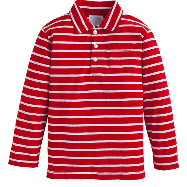 Long Sleeve Striped Polo, Red & White - Polo Shirts - 1