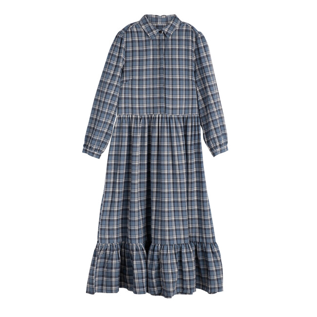 Elizabeth Women's Long Sleeve Collared Dress, Blue Check - Dresses - 1