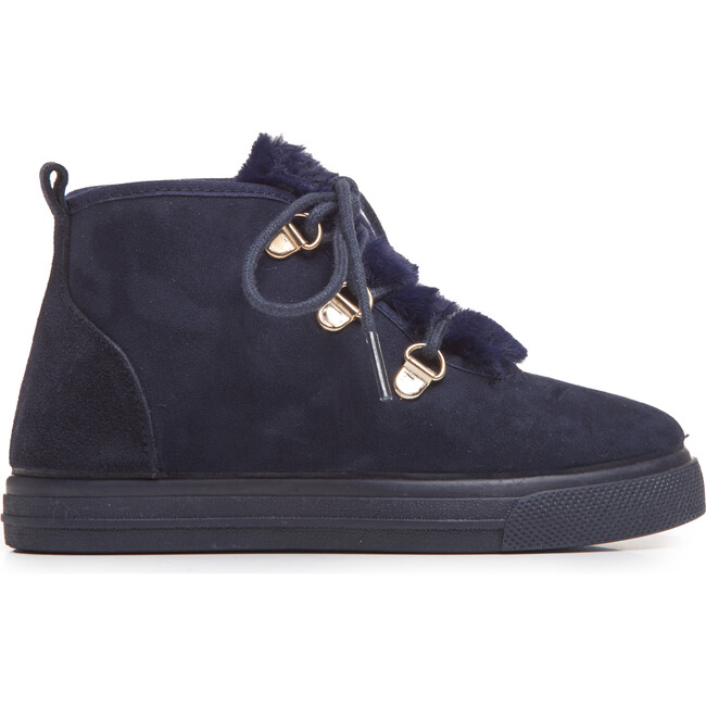 Faux-Fur Suede Lace-Up Sneaker Booties, Navy - Boots - 1
