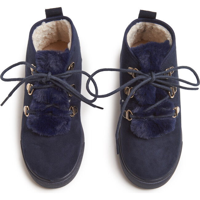 Faux-Fur Suede Lace-Up Sneaker Booties, Navy - Boots - 3