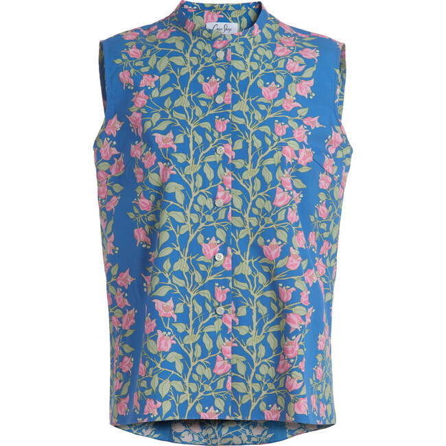 Women's Sleeveless Top, Blue with Pink Bougainvillea