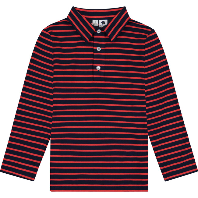 Busy Bees Long Sleeve Polo, Mini Red Navy Stripe - Polo Shirts - 1