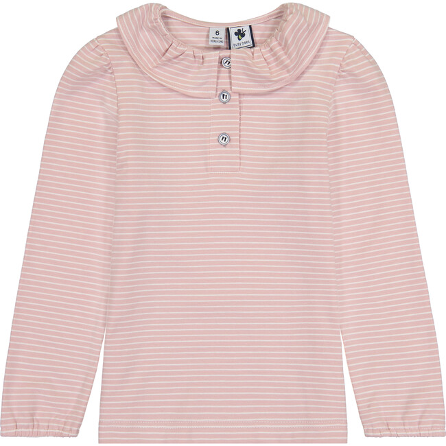 Eliza Ruffle Knit Long Sleeve Polo, Rose Pink Stripe