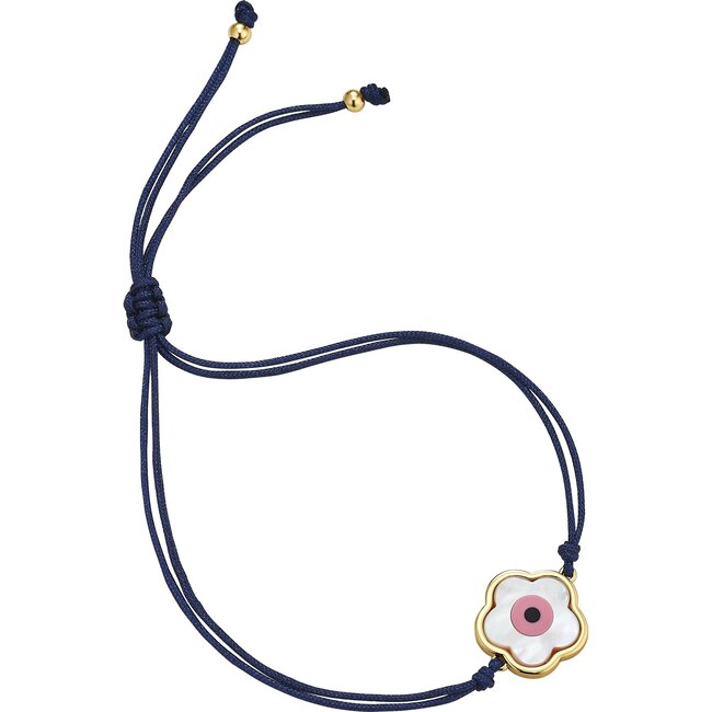 Pink Flower Evil Eye Bracelet, Navy Cord - Bracelets - 1
