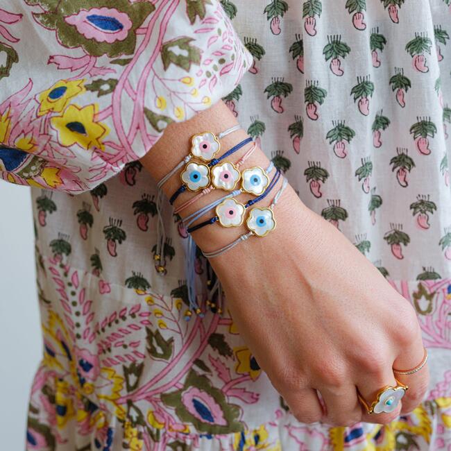 Pink Flower Evil Eye Bracelet, Navy Cord - Bracelets - 2