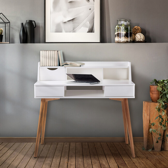 Creativo Wooden Writing Desk with Storage, White/Natural - Desks - 7