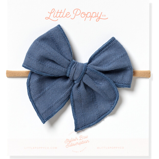 Nylon Embroidered Stripe Claire Bow, Denim Blue - Bows - 1