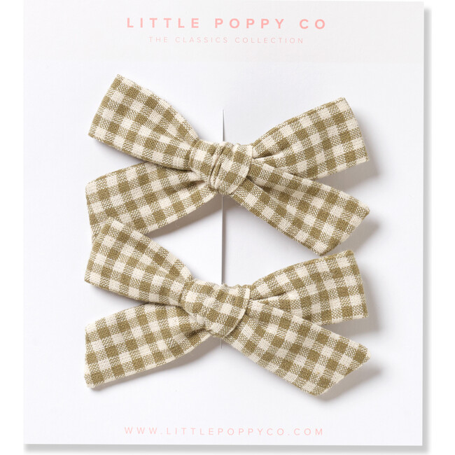 Olive Gingham Pigtail Set, Green - Bows - 1
