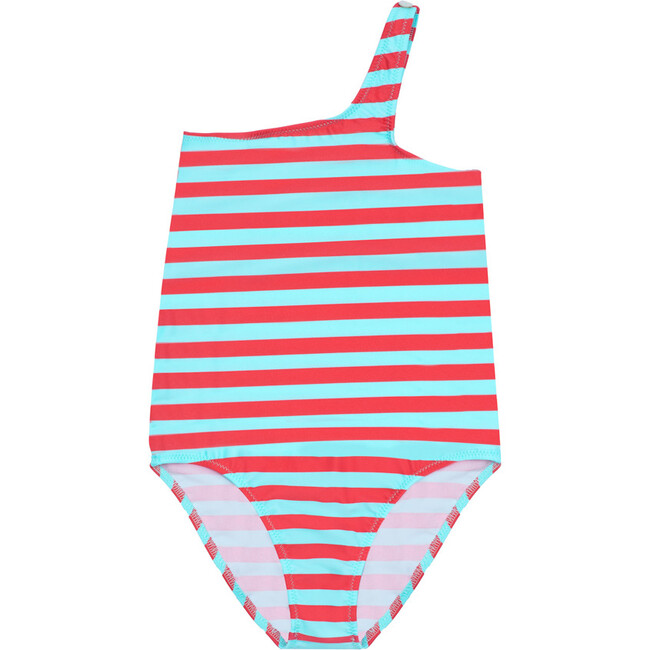 Gina Striped One Shoulder Swimsuit, Tropical Blue and Red