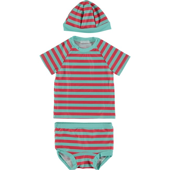 Lou Striped Swim Set, Topical Blue and Red - Rash Guards - 1