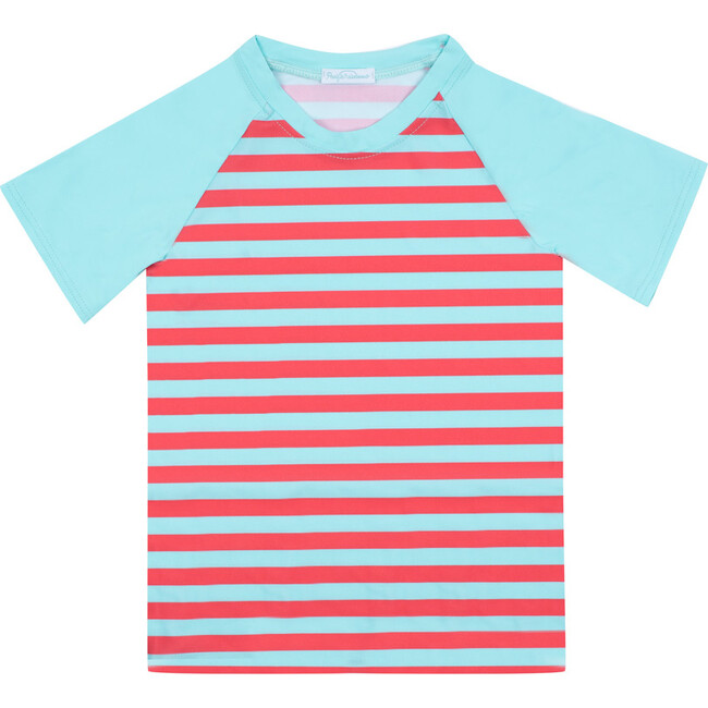 Axel Striped Short Sleeve Rashguard, Tropical Blue and Red
