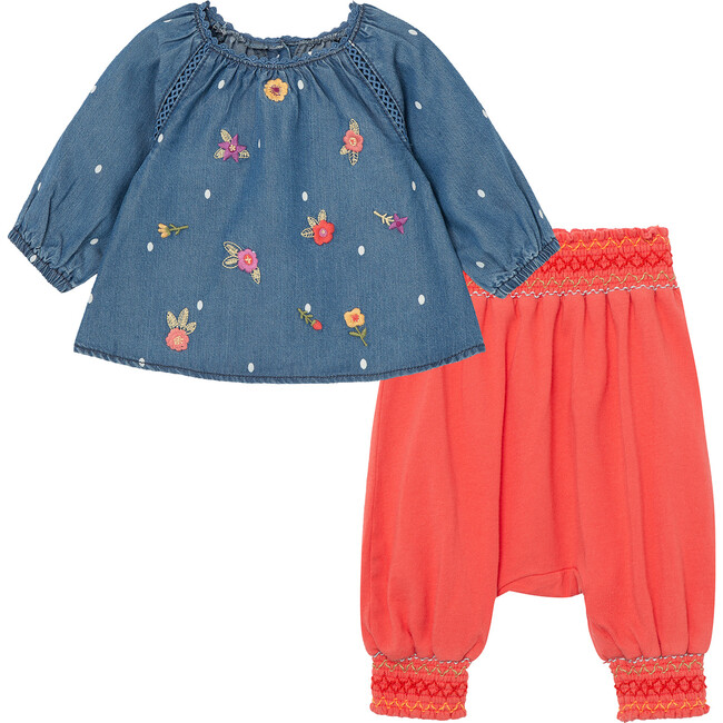 Embroiderey And Dots Pant Set, Indigo - Mixed Apparel Set - 1