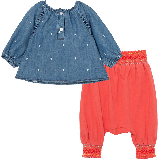 Embroiderey And Dots Pant Set, Indigo - Mixed Apparel Set - 2