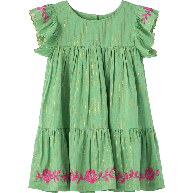 Flutter Sleeve Embroidered Dress, Green - Dresses - 1 - zoom
