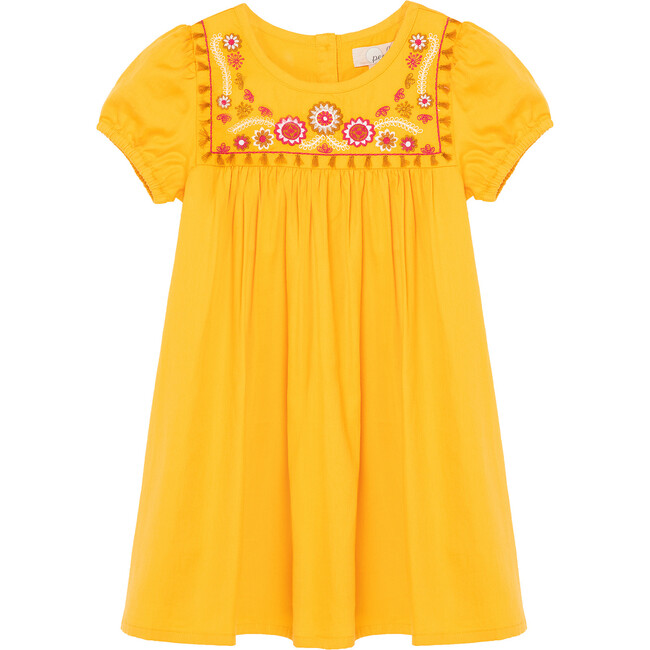 Embroidered Yoke Dress, Yellow - Dresses - 1 - zoom