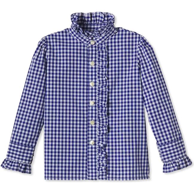 Ginny Ruffle Front Button Down, Royal Blue Gingham