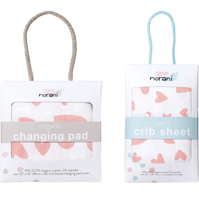 Norani Crib Sheets & Changing Pad Cover Bundle, Pink Hearts