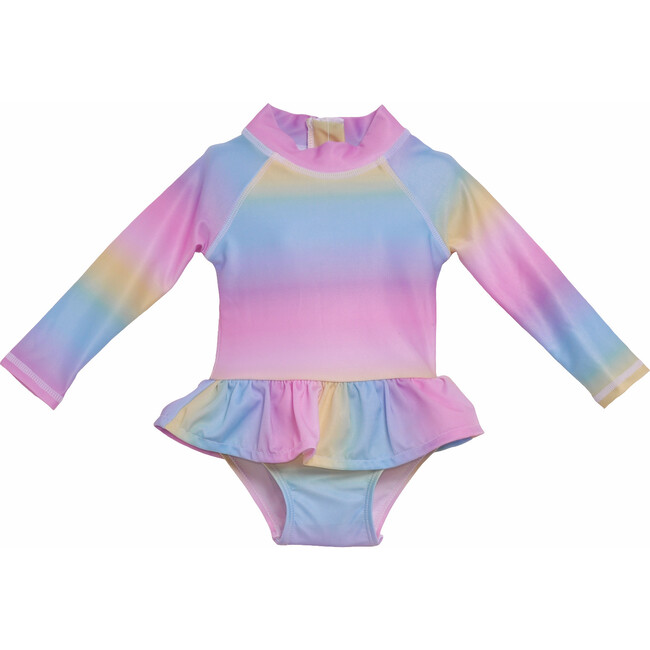Alissa Infant Ruffle Rash Guard Swimsuit, Rainbow Ombre
