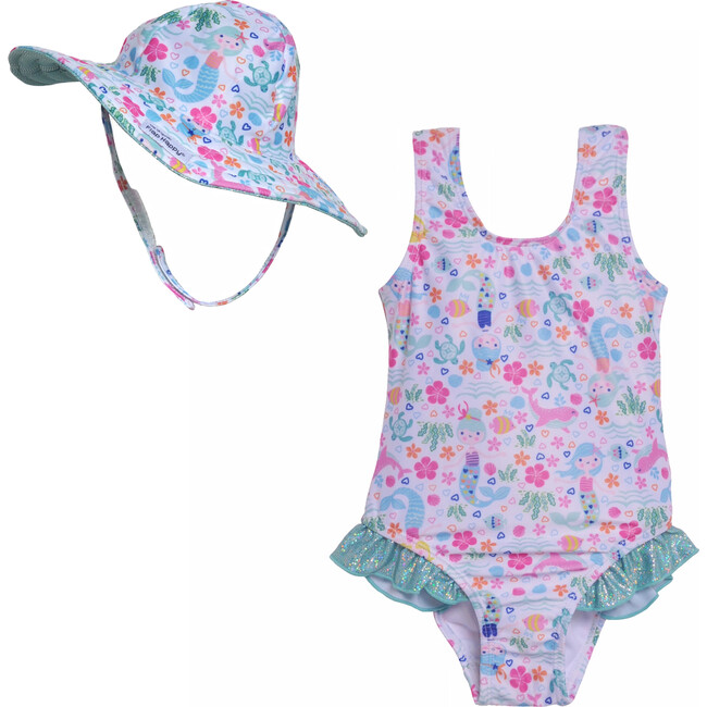 Girls Swim and Hat Set made from Recycled Plastic Bottles, Mermaid Lagoon - Mixed Apparel Set - 1