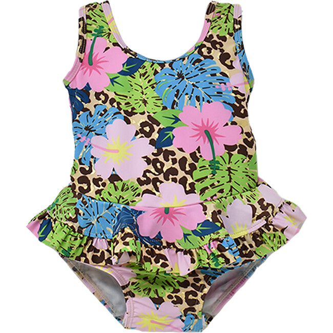 UPF 50 Stella Infant Ruffle Swimsuit, Cheetah Blooms