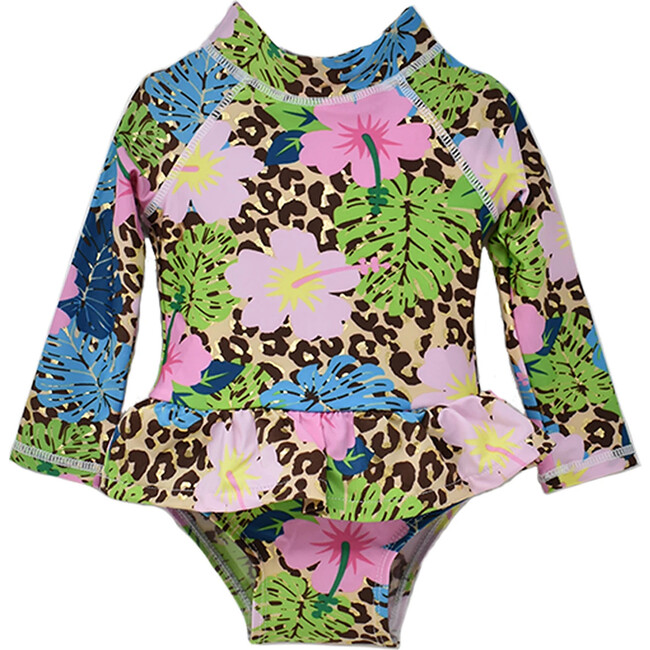 UPF 50 Alissa Infant Ruffle Rash Guard Swimsuit, Cheetah Blooms