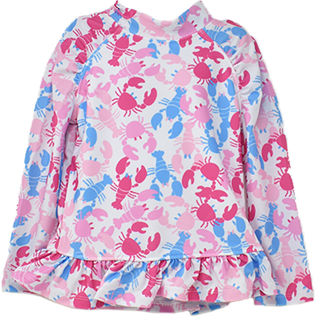 UPF 50 Ruffle Rash Guard Swim Top, Pink Lobster - Rash Guards - 1