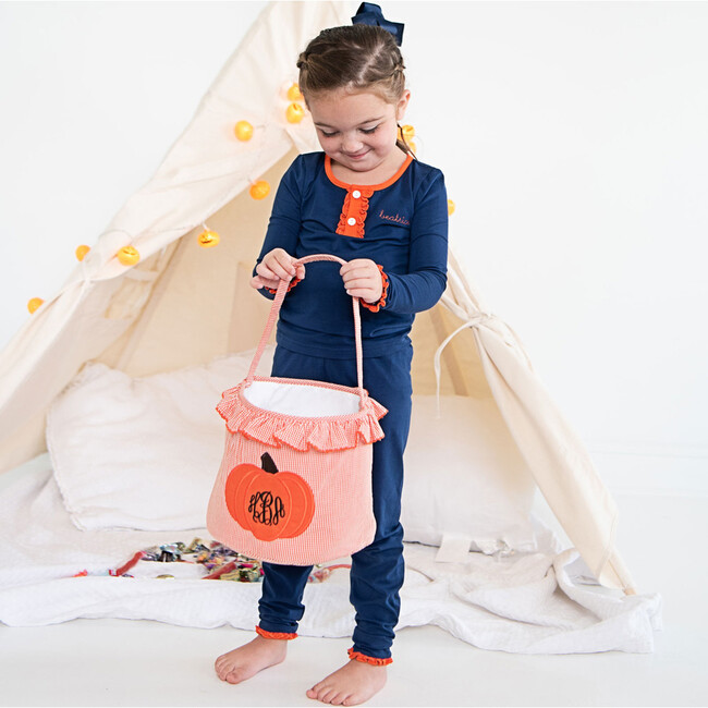Jack O Lantern Applique Pajama Set with Ruffles, Navy - Pajamas - 3