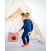 Jack O Lantern Applique Zip Up Pajamas with Ruffle, Navy - Pajamas - 2