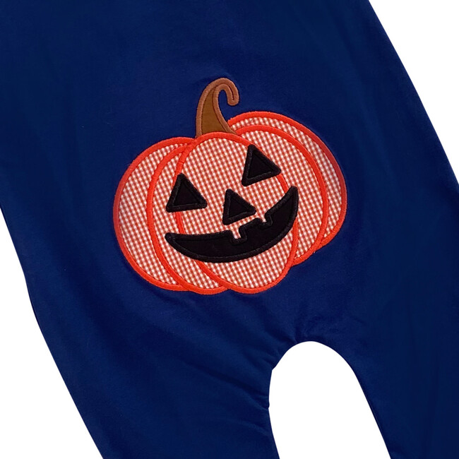 Jack O Lantern Applique Zip Up Pajamas with Ruffle, Navy - Pajamas - 5