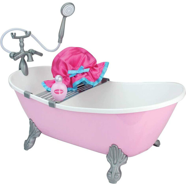 18'' Doll Light Pink Bath Tub with White Lining & Accessories, Light Pink and Blue