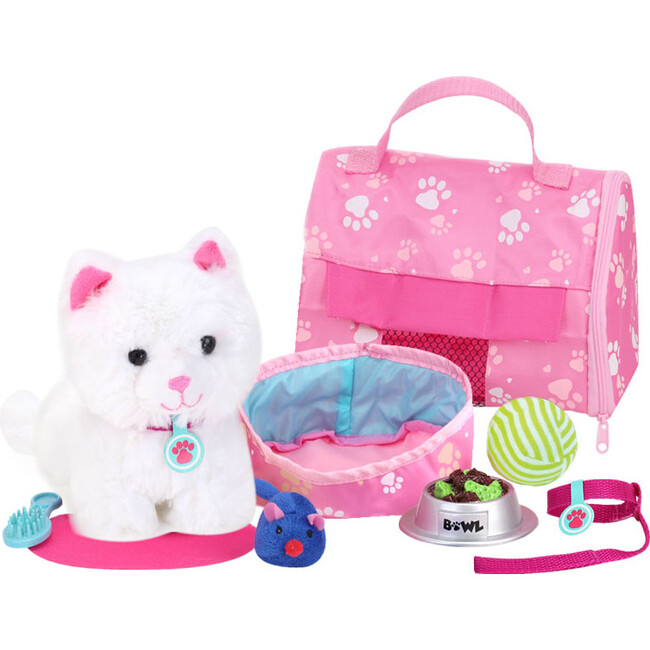 18'' Doll White Kitten & Carrier Set, Pink