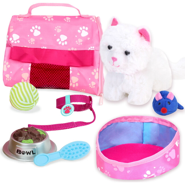 18'' Doll White Kitten & Carrier Set, Pink - Doll Accessories - 3