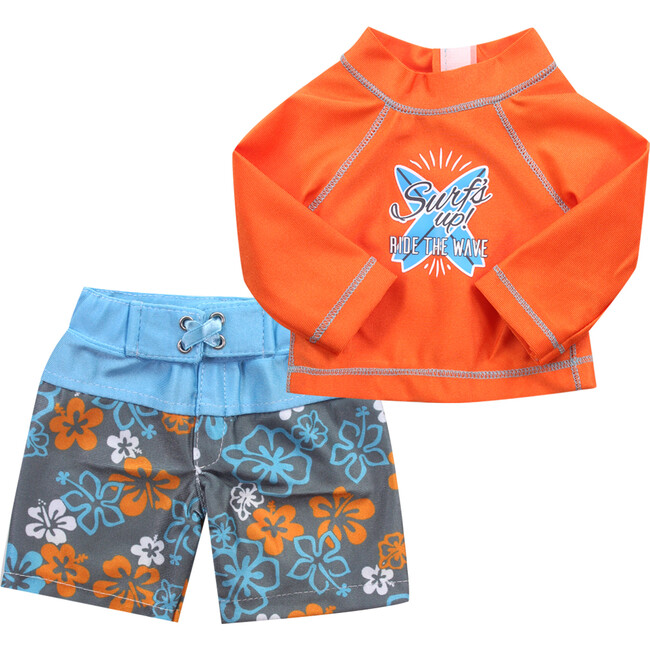 18'' Doll Surf Shirt & Floral Print Swim Trunks, Orange