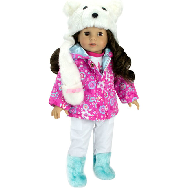 18" Doll - Print Parka, White Snowboard Pants, Aqua Fur Boots & Polar Bear Hat - Doll Accessories - 3