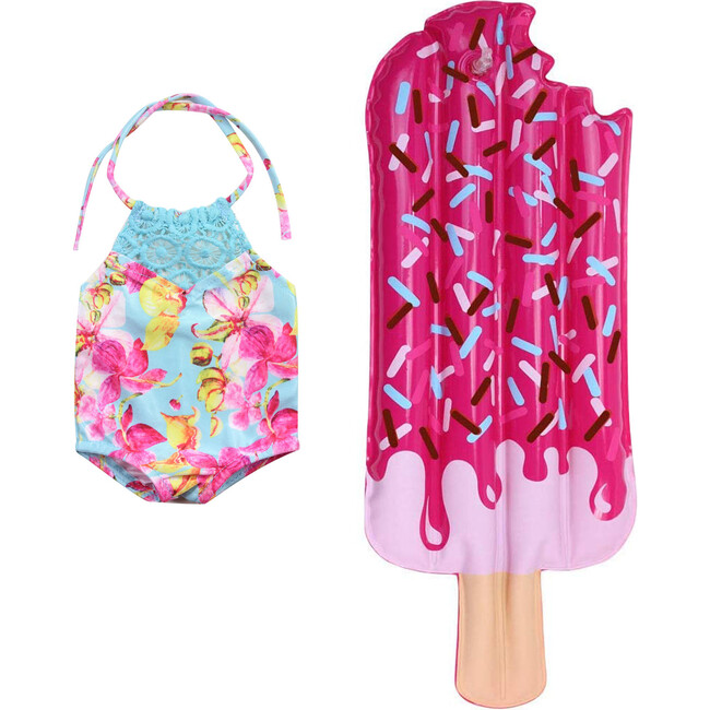 18'' Doll Floral Print Lace Trim Bathing Suit & Popsicle Pool Float, Pink